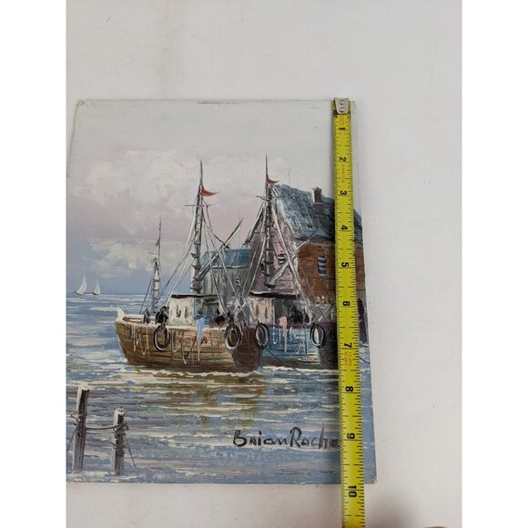 Vintage Signed Brian Roche Original Seascape Oil Painting Fishing Boats On Board - Picture 9 of 10
